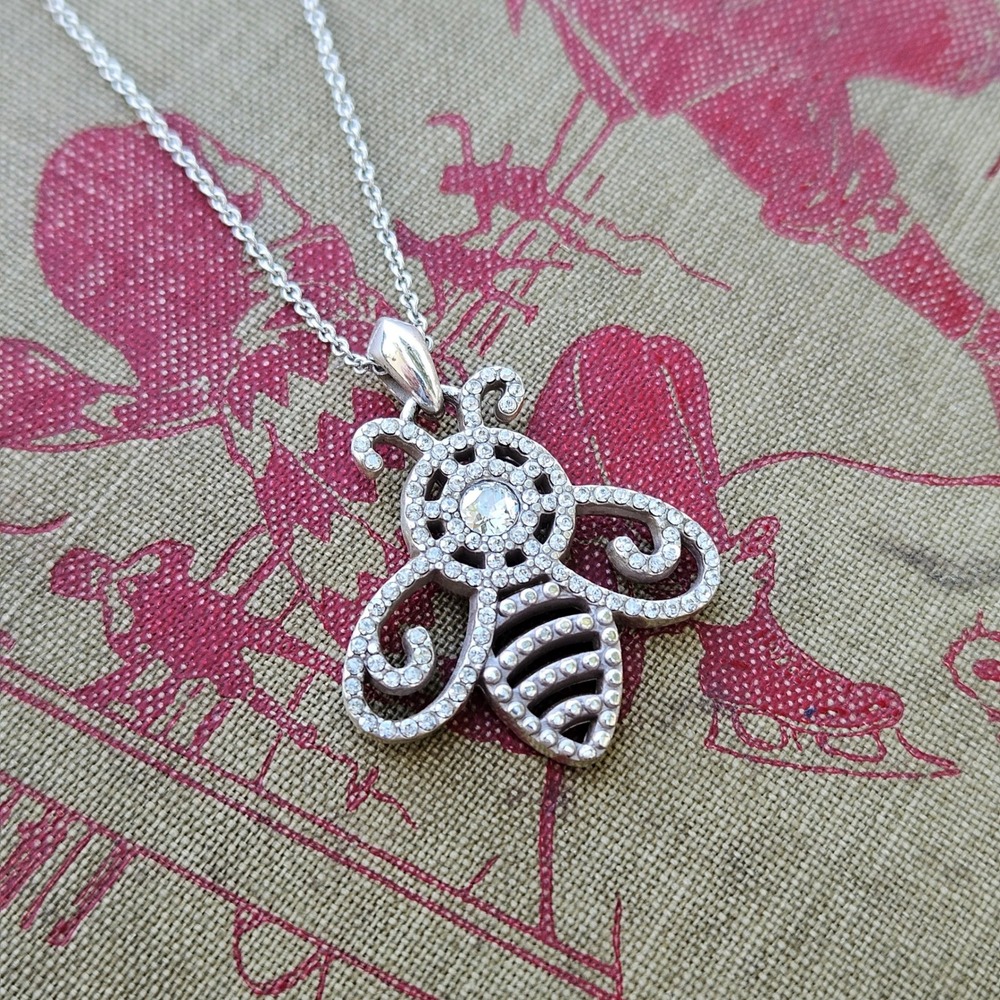 Brighton Silver Tone Crystal Pave Bumblebee Pendant Necklace Heart Charm